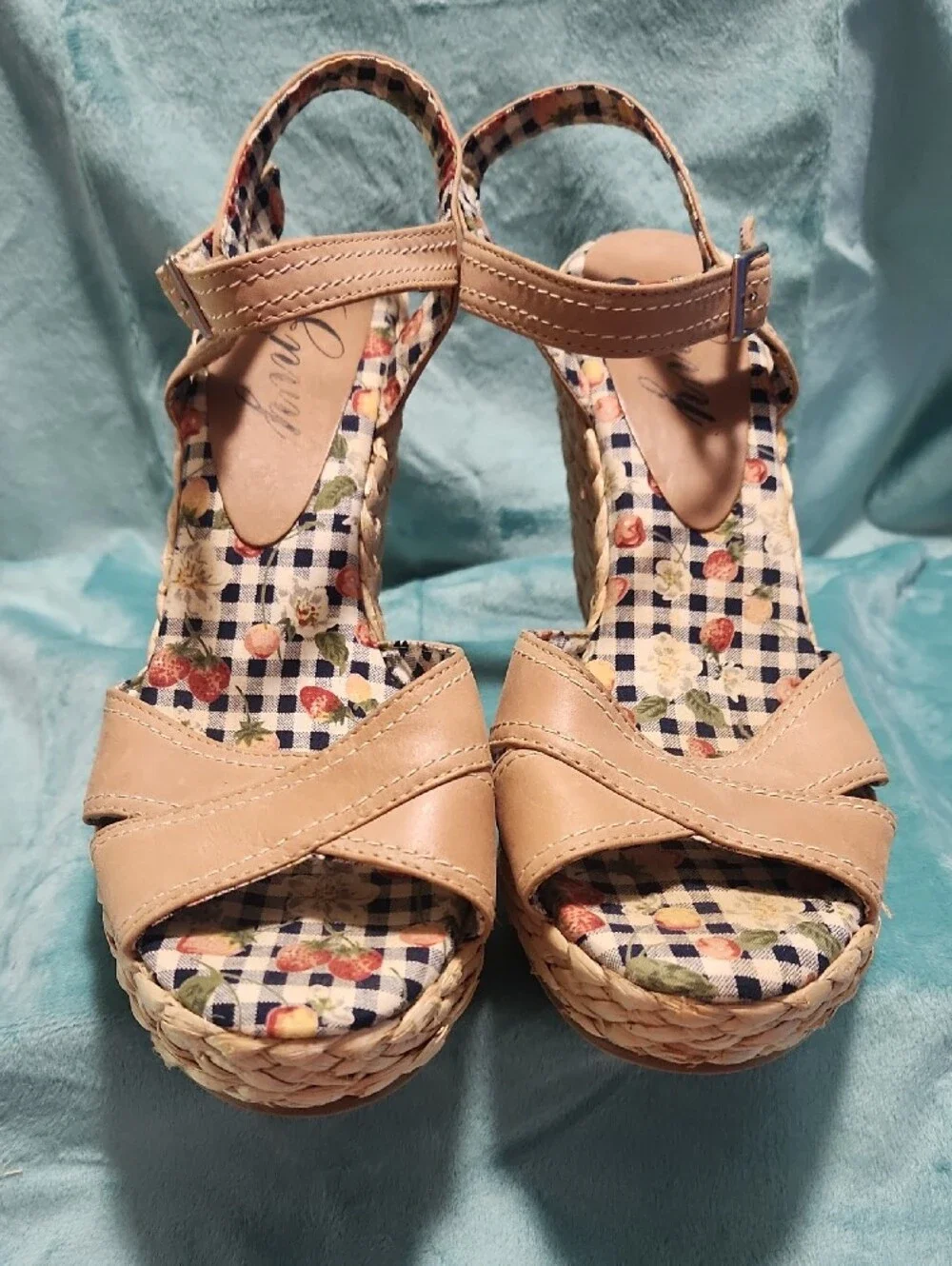 Women's Tan Wedge Sandals with Ankle Strap